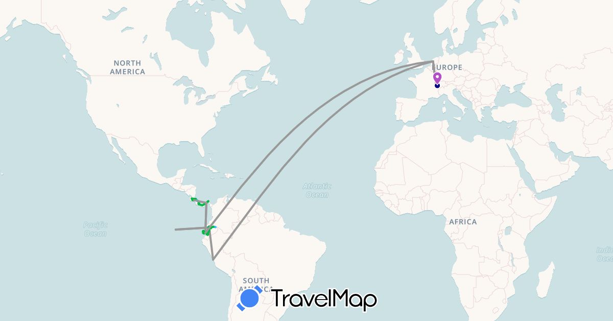 TravelMap itinerary: driving, bus, plane, cycling, train, hiking, boat in Switzerland, Costa Rica, Ecuador, Netherlands, Panama, Peru (Europe, North America, South America)